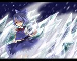  blue_eyes blue_hair bow cirno hair_bow hands ice letterboxed midriff mikan_(ama_no_hakoniwa) open_mouth short_hair skirt solo touhou wings 