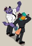 2025 5_fingers anthro anthrofied belt black_bottomwear black_clothing black_eyes black_footwear black_jacket black_necktie black_nose black_pants black_shoes black_topwear bottomwear brown_clothing brown_hat brown_headwear clock clothing dipstick_tail disney duck_bill duo fedora fingers footwear fur gloves_(marking) grey_background grin hand_holding harry_the_hyena hat headgear headwear hi_res high-angle_view hunter-husky hyena interlocked_fingers jacket looking_at_viewer looking_back looking_up male mammal markings monotreme muscular muscular_anthro muscular_male necktie orange_body pants perry_the_platypus phineas_and_ferb platypus platypus_tail purple_body purple_fur purple_spots raised_hand sharp_teeth shirt simple_background smile spots spotted_body spotted_fur standing tail tail_markings teal_body teal_fur teeth topwear watch white_clothing white_shirt white_topwear wristwatch yellow_sclera