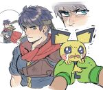  1boy blue_eyes blue_hair boxing_gloves cape commentary crying dancho_no_mori fire_emblem fire_emblem:_path_of_radiance headband holding holding_pokemon ike_(fire_emblem) image_in_thought_bubble little_mac male_focus pichu pokemon pokemon_(creature) punch-out!! red_cape short_hair speech_bubble super_smash_bros. thought_bubble 