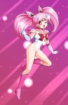  1girl bishoujo_senshi_sailor_moon chibi_usa cone_hair_bun crescent crystal_carillon danmakuman elbow_gloves full_body gloves hair_bun hand_up highres leotard magical_girl one_eye_closed open_mouth parted_bangs pink_background pink_hair pink_sailor_collar red_eyes sailor_chibi_moon sailor_collar sailor_senshi_uniform signature solo super_sailor_chibi_moon twintails waving white_gloves white_leotard 