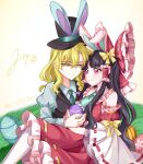  2girls alternate_color alternate_headwear animal_ear_hairband animal_ears ascot black_hat black_vest blonde_hair blush bow braid brown_hair closed_mouth collared_shirt commentary_request detached_sleeves easter easter_egg egg embellished_costume eye_contact fake_animal_ears frilled_bow frilled_hair_tubes frills green_ascot green_necktie green_shirt hair_bow hair_tubes hairband hakurei_reimu hat hat_with_ears highres juliet_sleeves kirisame_marisa long_hair long_sleeves looking_at_another mito_(fate) multiple_girls necktie pantyhose pink_hairband puffy_sleeves purple_bow rabbit_ears red_bow red_eyes red_skirt ribbon-trimmed_skirt ribbon-trimmed_sleeves ribbon_trim shirt side_braid signature single_braid sitting sitting_on_lap sitting_on_person skirt skirt_set sleeve_bow smile split_mouth top_hat touhou twitter_username very_long_hair vest white_pantyhose yellow_bow yellow_eyes yuri 