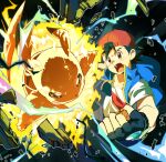  1boy 32890_(artist) ash_ketchum backwards_hat black_gloves black_hair blue_vest brown_eyes clenched_hand debris electricity fingerless_gloves gloves hat highres male_focus mega_stone open_clothes open_mouth open_vest pikachu pokemon pokemon_(anime) pokemon_(creature) pokemon_journeys red_hat shirt short_hair short_sleeves t-shirt teeth upper_teeth_only v-shaped_eyebrows vest white_shirt z-crystal z-ring 