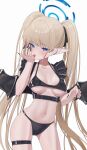 1girl absurdres alternate_costume bat_wings black_bra black_nails black_panties black_ribbon blonde_hair blue_archive blue_eyes blush bra fake_pointy_ears fang fingernails hair_ribbon highres licking licking_hand long_fingernails long_hair looking_at_viewer maji_(majidesu3) navel no_pants panties pointy_ears ribbon sidelocks skin_fang solo stomach thigh_strap toki_(blue_archive) tongue tongue_out twintails underwear wings 