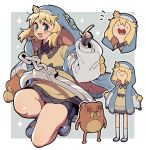  1boy adventure_time androgyne_symbol bike_shorts blonde_hair bridget_(guilty_gear) cosplay cuffs fingerless_gloves gloves green_eyes guilty_gear guilty_gear_strive handcuffs highres hood hood_up hooded_jacket hoodie itsuka_neru jacket jake_the_dog mars_symbol open_clothes open_hoodie open_mouth otoko_no_ko pendleton_ward_(style) roger_(guilty_gear) solo sparkle stuffed_animal stuffed_toy teddy_bear 