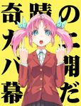  blazer blue_eyes bow dual_wielding face hair_bow hakui_ami hands holding jacket middle_finger original pink_hair school_uniform solo twintails 