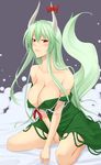  bare_shoulders blush breasts cleavage ex-keine green_hair highres horn_ribbon horns kamishirasawa_keine large_breasts long_hair off_shoulder ribbon shuugetsu_karasu solo tail touhou 