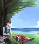  1girl against_tree black_hair c.c. cloud code_geass couple creayus day dress feet grass green_hair hand_on_another's_head hetero high_heels lap_pillow lelouch_lamperouge long_hair lying nature on_ground on_side outdoors picnic_basket purple_eyes shoe_dangle shoes sitting sky sleeping smile tree very_long_hair water 