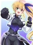 1girl ahoge asymmetrical_bangs black_bodysuit black_gloves blonde_hair bodysuit breasts clenched_hands collared_jacket cowboy_shot cropped_jacket curly_sidelocks gloves green_eyes hair_ribbon heterochromia highres hip_armor jacket large_breasts long_hair lyrical_nanoha mahou_shoujo_lyrical_nanoha_vivid open_clothes open_jacket open_mouth outstretched_arms red_eyes ribbon side_ponytail smile solo standing underbust vivio white_jacket yosuzu 