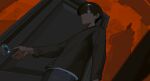 1boy absurdres animal black_hair black_shirt blue_eyes cat door doorknob fingernails highres izsly long_sleeves looking_afar male_focus original pants parted_lips shirt short_hair solo wide-eyed 