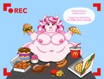 abstract_background aquaeagle areola belly belly_rolls beverage big_areola big_belly big_breasts big_nipples blue_background blush breasts burger cheese chicken_meat chicken_nugget container cupcake dairy_products dessert dialogue double_chin doughnut eating english_text equid equine feedee female food food_fetish food_play fries front_view fur furniture grease hair happy hasbro hi_res holding_food holding_object horse hot_dog huge_belly huge_breasts looking_at_viewer mammal mane mcdonald&#039;s meat mukbang my_little_pony navel nipples obese obese_female open_mouth open_smile overweight overweight_female pastry pink_body pink_fur pink_hair pink_mane pink_nipples pizza pizza_box pizza_slice pony recording sausage semi-anthro simple_background sitting_at_desk sitting_at_table slightly_chubby slightly_chubby_female smile smiling_at_viewer soda solo speech_bubble stuffing table talking_to_viewer text turkey_leg weight_gain wild_manes