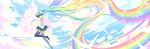  bare_shoulders bird castle closed_eyes cloud detached_sleeves hatsune_miku headphones highres long_hair multicolored_hair musical_note myhilary necktie open_mouth rainbow rainbow_hair skirt solo tattoo thighhighs very_long_hair vocaloid watermark 