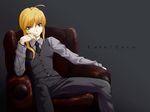  blonde_hair fate/stay_night fate/zero gloves green_eyes saber short_hair suit tie 