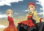  aki_minoriko aki_shizuha blonde_hair cloud curtsey day food fruit grapes hair_ornament hat leaf leaf_hair_ornament multiple_girls nabeshima_tetsuhiro orange_eyes red_eyes short_hair siblings sisters skirt skirt_hold sky smile touhou 