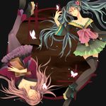  aqua_eyes aqua_hair bug butterfly closed_eyes flower hair_flower hair_ornament hatsune_miku highres insect jikei long_hair lying megurine_luka multiple_girls pantyhose pink_hair project_diva_(series) project_diva_2nd shoes skirt thighhighs twintails vocaloid 