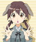  :o animal_ears blush_stickers brown_eyes derivative_work dog_ears face fingers gertrud_barkhorn hands k-on! military military_uniform open_mouth outstretched_hand palms parody round_teeth solo spread_fingers strike_witches striped striped_background style_parody teeth twintails umanosuke uniform v-shaped_eyebrows world_witches_series 