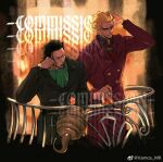  2boys ascot black_hair black_shirt blonde_hair cigar commission crocodile_(one_piece) cup donquixote_doflamingo green_ascot grin holding holding_cup hook_hand jacket long_sleeves looking_at_another male_focus multiple_boys necktie one_piece red-tinted_eyewear red_jacket red_necktie shirt short_hair smile smoking stitched_face stitches tinted_eyewear vamos_mk white-framed_eyewear 