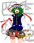  absurdres blue_eyes from_below green_hair hand_on_hip highres rod_of_remorse shiki_eiki solo touhou 