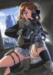  assault_rifle black_legwear blush brown_hair bullpup flashlight gloves gun handgun hase_yu highres jpeg_artifacts knee_pads original pistol post-apocalypse red_eyes rifle ruins school_uniform scope short_hair skirt socks solo spread_legs steyr_aug vertical_foregrip weapon 