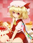  ascot bad_hands bad_id bad_pixiv_id blonde_hair cake finger_in_mouth flandre_scarlet food hat mizuga pastry red_eyes short_hair side_ponytail solo touhou wings yukkuri_shiteitte_ne 