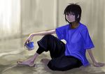  bad_id bad_pixiv_id barefoot black_hair blush cup grey_eyes hands original s-kan solo 