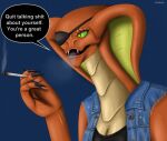 4_fingers advice alien anthro apode black_clothing black_nails black_shirt black_speech_bubble black_topwear blue_background blue_clothing blue_topwear blue_vest blunt breasts cleavage clothed clothing colored_nails denim denim_clothing denim_topwear denim_vest dialogue digital_media_(artwork) draconcopode english_text exhaling_smoke eye_patch eyelashes eyeshadow eyewear fangs female fingers green_eyes hi_res holding_blunt holding_object humanoid legless makeup marijuana_blunt multicolored_body naga nails orange_body positive_message profanity pupils purple_eyeshadow reaction_image reptile scales scalie serpentine shirt signature simple_background slit_pupils smoke snake snake_hood solo speech_bubble tamhigan_(artist) teeth text topwear vest viper_(x-com) white_text x-com