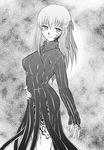  blush breasts dark_sakura fate/stay_night fate_(series) grey_background greyscale kiryuuya long_hair long_sleeves looking_at_viewer matou_sakura medium_breasts monochrome side_slit simple_background solo standing thigh_strap 