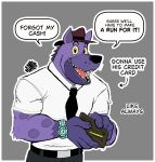 anthro anthrofied belt black_belt black_eyes black_necktie border bottomwear brown_clothing brown_hat brown_headwear clock clothing dialogue english_text fedora fur grey_background grey_bottomwear grey_clothing grey_pants harry_the_hyena hat headgear headwear hi_res hunter-husky hyena looking_at_viewer male mammal muscular muscular_male necktie open_mouth pants purple_body purple_fur purple_spots rolex sharp_teeth shirt simple_background smile solo speech_bubble spots talking_to_viewer teeth text topwear wallet watch whisker_spots white_border white_clothing white_shirt white_topwear wristwatch yellow_sclera