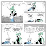 1:1 5_panel_comic anthro arm_grab averting_eyes baseball_jacket biped black_clothing black_dress black_nose blue_clothing blue_sweater blue_topwear blush clothing comic curly_hair dialogue dress duo female footwear green_clothing green_jacket green_topwear hair hair_bun hanging_by_arms high_top_shoes hole_(pit) horseonvhs jacket jeanie_jacobs_(horseonvhs) low-angle_view lying_on_grass lying_on_ground on_ground outside restricted_palette shoes short_bangs sitting_on_grass speech_bubble summer_springs_(horseonvhs) surprised_expression sweater topwear vocalization white_clothing white_footwear white_shoes worm&#039;s-eye_view wrist_grab