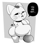 2024 absurd_res anthro ball biped black_eyes breasts butt dandadan dialogue domestic_cat ellipsis english_text felid feline felis female hi_res looking_back luanctoons mammal monochrome open_mouth solo speech_bubble standing talking_to_viewer teeth text tongue turbo_granny_(dandadan) whiskers white_sclera white_text