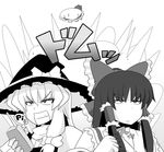  bow detonator explosion greyscale grin hair_bow hakurei_reimu hat hat_removed headwear_removed kirisame_marisa long_hair monochrome multiple_girls remilia_scarlet smile thumbs_up touhou translated witch_hat yamato_damashi 