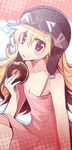  bad_id bad_pixiv_id bakemonogatari bare_shoulders blonde_hair blush chocho_(homelessfox) doughnut dress eating flat_chest food food_on_face goggles goggles_on_head hat helmet long_hair monogatari_(series) oshino_shinobu red_eyes solo 