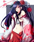  bad_id bad_pixiv_id black_hair blush hair_ornament japanese_clothes long_hair miko natsu_(anta_tte_hitoha) open_clothes original red_eyes ribbon sarashi solo 