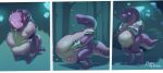 2021 absurd_res acrid_(risk_of_rain) anthro aymbord belly big_belly clothing death digestion duo gloves handwear hi_res huge_belly lemurian oral_vore outside overweight purple_body risk_of_rain vore weight_gain