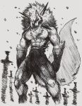 absurd_res anthro athletic athletic_male back_muscles biceps butt clothed clothing dusk_lycanroc first_person_view fluffy_body generation_7_pokemon graphite_(artwork) hair hatching_(art) hi_res ink jwbash kyoto_rex looking_at_viewer lycanroc male muscle_tone muscular muscular_anthro muscular_arms muscular_legs muscular_male muscular_thighs nintendo nude pokemon pokemon_(species) pokemon_mystery_dungeon rear_view red_eyes shaded sketch solo spike_chunsoft spiky_hair spread_legs spreading standing swordsman tail tail_tuft thick_arms thick_thighs topless tough_guy traditional_media_(artwork) triceps tuft weapon