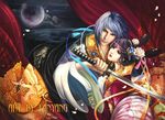  black_hair blue_hair clouds couple earrings fanyang_(artist) female fullmoon hair_style long_hair male moon night realistic sky sword yangfan_(artist) 