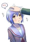  blue_hair cardigan kita_high_school_uniform koko_(koko3) looking_up nagato_yuki out_of_frame petting school_uniform serafuku short_hair solo_focus suzumiya_haruhi_no_yuuutsu yellow_eyes 