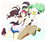  1girl bag bangle baseball_cap blue_eyes blush_stickers boots bracelet brown_hair couple denim denim_shorts flat_chest green_eyes green_hair handbag hat hetero holding_hands jewelry jumping n_(pokemon) necklace pokemon pokemon_(game) pokemon_bw ponytail pout saku_(pixiv526117) short_shorts shorts smile tank_top touko_(pokemon) vest 