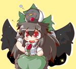  =_= amura_(artist) animal animal_on_head bad_id bad_pixiv_id bird bird_on_head black_hair blush cape chibi closed_eyes dual_persona egg fangs hardboiled_egg heart holding holding_egg object_on_head on_head open_mouth red_eyes reiuji_utsuho reiuji_utsuho_(bird) sleeping space star third_eye touhou wings 