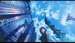  arsenixc bird building citadel cloud day foreshortening fortress from_below highres isle_of_winds letterboxed purple_eyes purple_hair scenery short_hair sky solo yumi_(isle_of_winds) 
