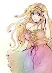  bare_shoulders blonde_hair blue_eyes blush breasts cleavage dress hairband hand_in_hair large_breasts long_hair macross macross_frontier sheryl_nome smile solo woofin 