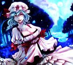  apt bad_id bad_pixiv_id blood blue_hair breasts cleavage hat large_breasts moon older red_eyes remilia_scarlet short_hair solo touhou tree 