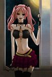  :d against_wall bad_id bad_pixiv_id bandeau belt black_nails black_sclera breasts choker cleavage fingerless_gloves front-tie_top garter_straps gloves hair_ribbon lipstick long_hair makeup medium_breasts midriff moon nail_polish naughty_face navel night night_sky nonmark open_mouth pink_hair plaid plaid_skirt red_eyes ribbon shiki shimizu_megumi skirt sky smile solo thighhighs twintails window zettai_ryouiki 