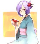  alternate_hairstyle cup hair_ornament japanese_clothes kanzashi kimono purple_hair red_eyes sakazuki solo touhou yasaka_kanako yu_65026 
