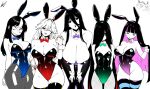  2channel 5girls absurdres animal_ears bags_under_eyes bare_shoulders black_hair blue_bow blue_bowtie blue_eyes blue_hair blue_leotard blunt_bangs borrowed_character bow bowtie breasts character_request cleavage closed_mouth colored_inner_hair covered_navel detached_collar dress fake_animal_ears fake_tail ghost_girl glasgow_smile green_leotard hair_between_eyes hair_over_one_eye hasshaku-sama height_difference highleg highleg_leotard highres huge_breasts jaggy_lines large_breasts leotard long_fingers long_hair long_hair_between_eyes looking_at_viewer lughost multicolored_hair multiple_girls noss_&amp;_zakuro noss_(rariatto) open_mouth original panty_&amp;_stocking_with_garterbelt pantyhose playboy_bunny purple_bow purple_bowtie purple_leotard rabbit_ears rabbit_tail red_bow red_bowtie red_eyes red_leotard simple_background size_difference smile stocking_(psg) strapless strapless_leotard streaked_hair striped_clothes striped_leggings striped_thighhighs tail tall_female the_ring thighband_pantyhose thighhighs traditional_bowtie two-tone_hair vampire very_long_hair wavy_mouth white_hair wrist_cuffs yamamura_sadako 