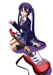  bad_id bad_pixiv_id bandaid bandaid_on_forehead black_hair brown_eyes guitar highres instrument juuya_(kisaragi18) k-on! kneeling long_hair nakano_azusa school_uniform shoes sitting solo twintails uwabaki wariza 