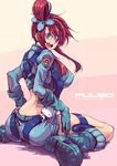  ass bad_id bad_pixiv_id blue_eyes blue_footwear boots breasts fukai_ryousuke fuuro_(pokemon) gloves gym_leader highres large_breasts long_hair looking_back open_mouth pokemon pokemon_(game) pokemon_bw red_hair sitting smile solo wariza 