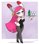 2025 artist_name biped blue_eyes blush bottle breasts bunny_costume cleavage clothed clothing container costume cup english_text eyebrows eyelashes eyeshadow female floating_hands hair hand_on_hip hi_res humanoid kirby_(series) latiar machine makeup nintendo pink_hair plate robot solo standing susie_(kirby) text