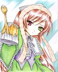  brown_hair dress frills heterochromia long_hair non-web_source rozen_maiden solo suiseiseki traditional_media watering_can 