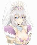  :o angel_wings bangs blue_eyes blush breasts cleavage cleavage_cutout crown curly_hair detached_collar embarrassed head_wings lace large_breasts looking_at_viewer melia short_hair sidelocks silver_hair simple_background sketch solo star surprised upper_body wings xenoblade_(series) xenoblade_1 yamada_koutarou 