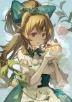  1girl animal_ears aqua_bow aqua_bowtie arknights bell bow bowtie brown_hair cake cake_slice commentary_request cream eyjafjalla_(arknights) eyjafjalla_the_hvit_aska_(a_picnic_before_a_long_trip)_(arknights) eyjafjalla_the_hvit_aska_(arknights) food fruit grey_horns hair_bow hemorina highres holding holding_plate horns jingle_bell leaf long_hair long_sleeves looking_at_viewer neck_bell official_alternate_costume open_mouth orange_eyes plate sheep_ears sheep_girl sheep_horns smile solo strawberry watermark 